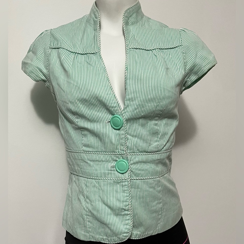 Forever 21 Green Jacket Button Striped Cap sleeves Top Size S